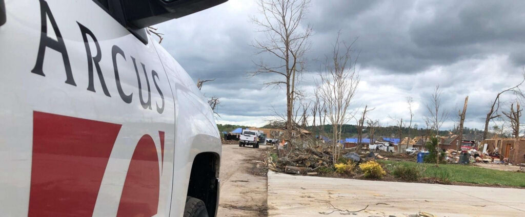 Arcus Restoration crew responding to storm damage cleanup and repair after severe weather
