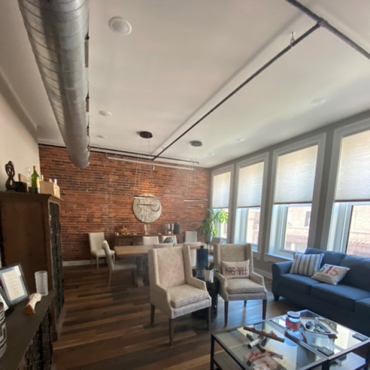 residential living room undergoing cleanup and drying after flood damage