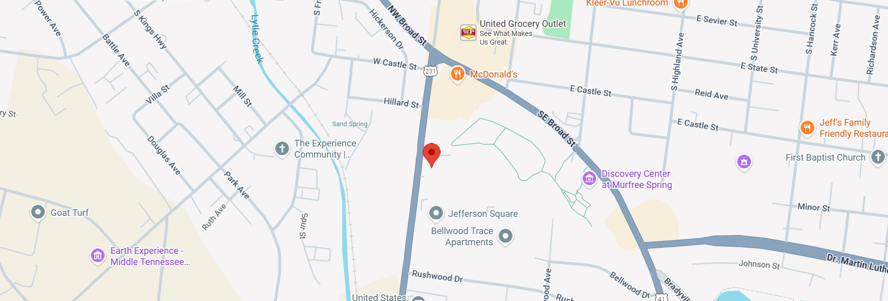 Map showing Arcus Restoration service location in Murfreesboro, Tennessee near SE Broad Street and Jefferson Square area