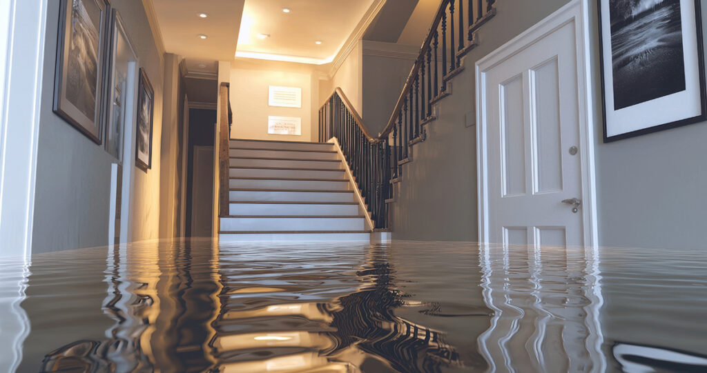 Indoor flooding in hallway and stairs showing standing water damage inside home