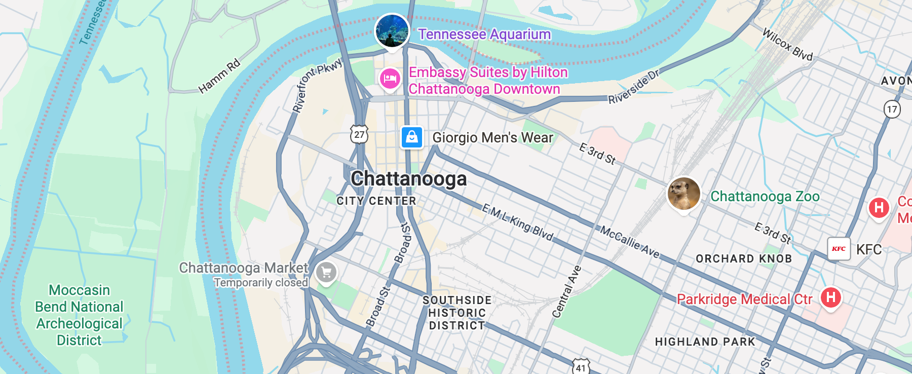Map showing Arcus Restoration service area in Chattanooga, Tennessee near downtown and the Tennessee River