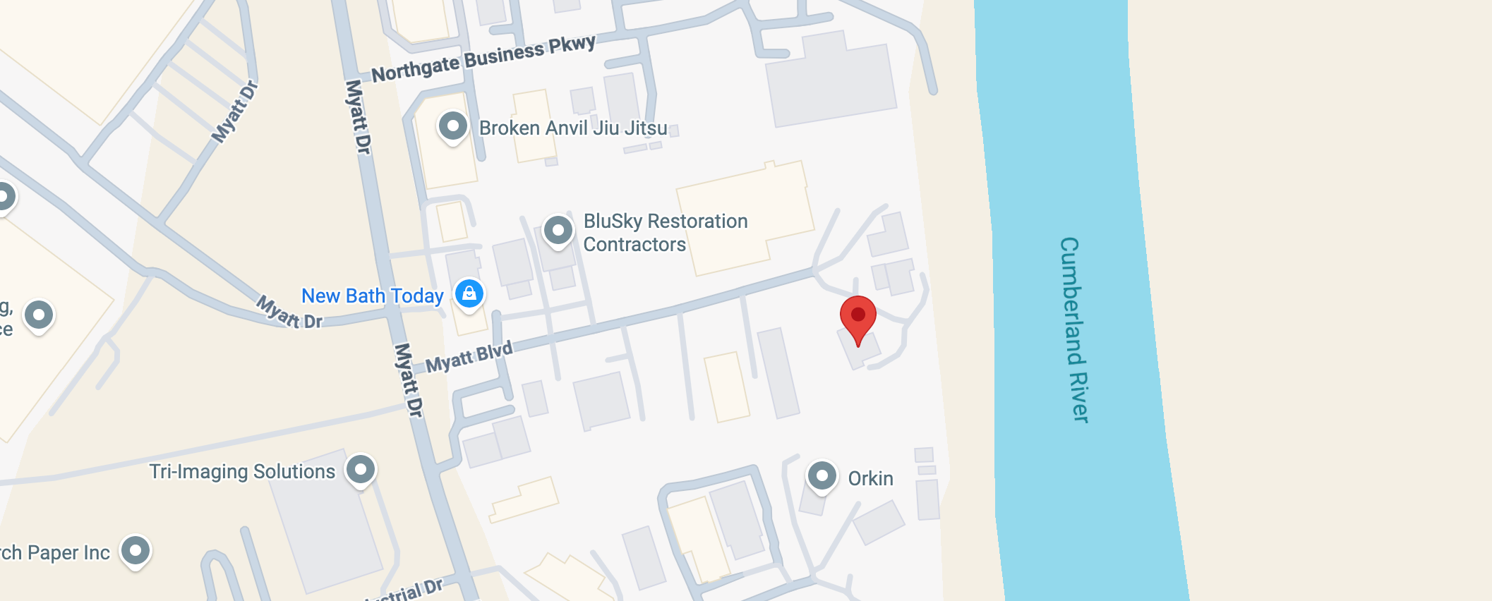 Map showing Arcus Restoration service location in Madison, Alabama near Myatt Boulevard and Cumberland River