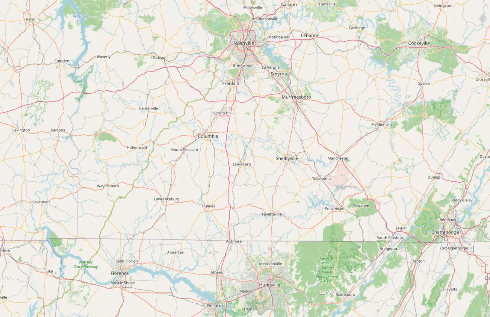 Map of the Arcus Restoration service area across Tennessee and Alabama